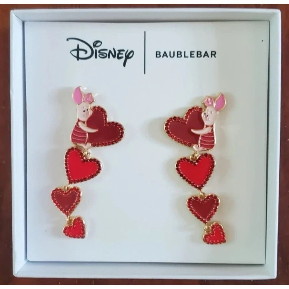 Disney Baublebar Piglet Valentine's Day Red Heart Dangle Earrings w/Crystals NIB